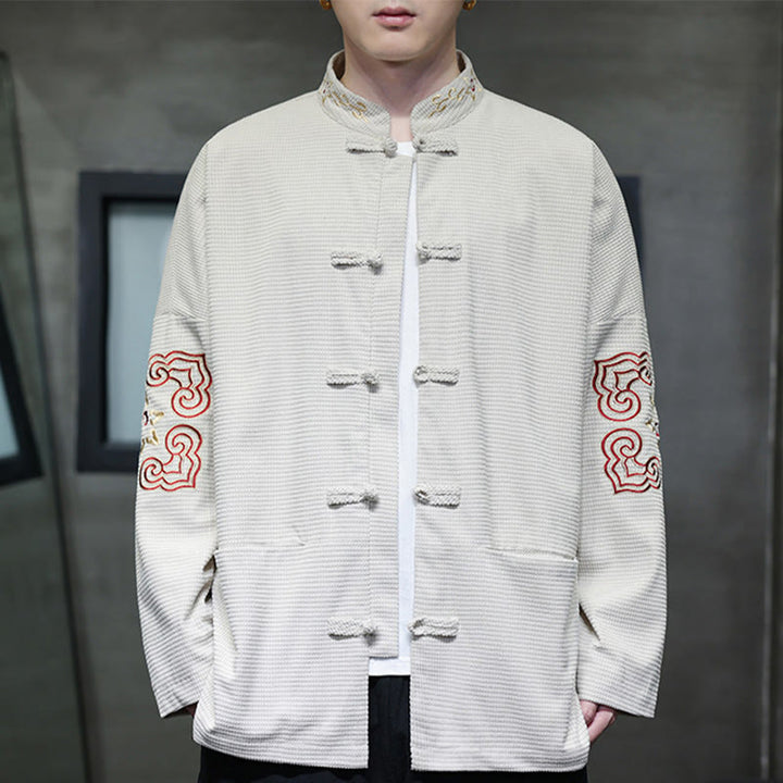Buddha Stones Men's Frog-Button Tang Suit Corduroy Cotton Embroidery Long Jacket Shirt With Pockets - image 1