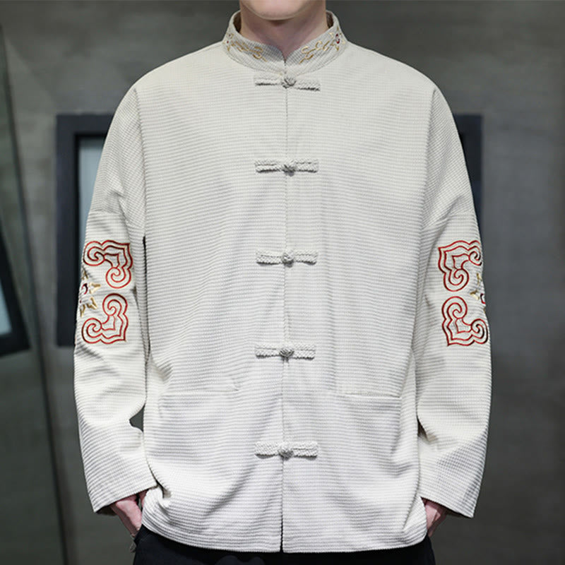 Buddha Stones Men's Frog-Button Tang Suit Corduroy Cotton Embroidery Long Jacket Shirt With Pockets - image 3