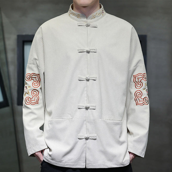 Buddha Stones Men's Frog-Button Tang Suit Corduroy Cotton Embroidery Long Jacket Shirt With Pockets - image 3
