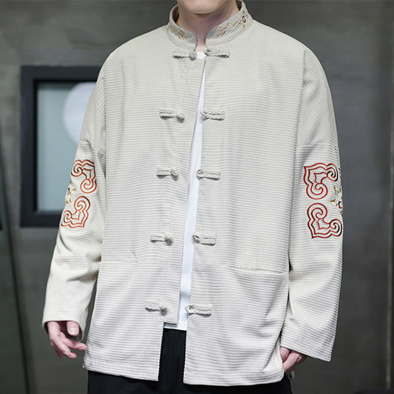 Buddha Stones Men's Frog-Button Tang Suit Corduroy Cotton Embroidery Long Jacket Shirt With Pockets - image 4