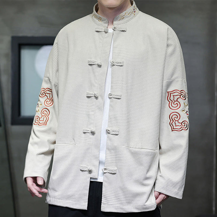 Buddha Stones Men's Frog-Button Tang Suit Corduroy Cotton Embroidery Long Jacket Shirt With Pockets - image 4