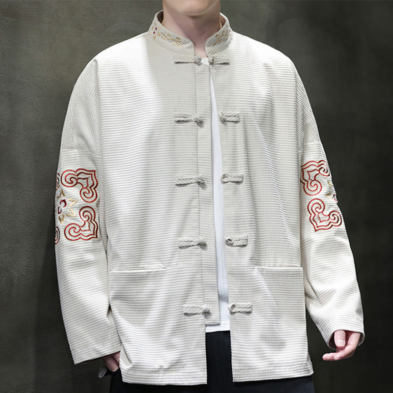 Buddha Stones Men's Frog-Button Tang Suit Corduroy Cotton Embroidery Long Jacket Shirt With Pockets - White - US/UK/AU46，EU56 (5XL) - image 0