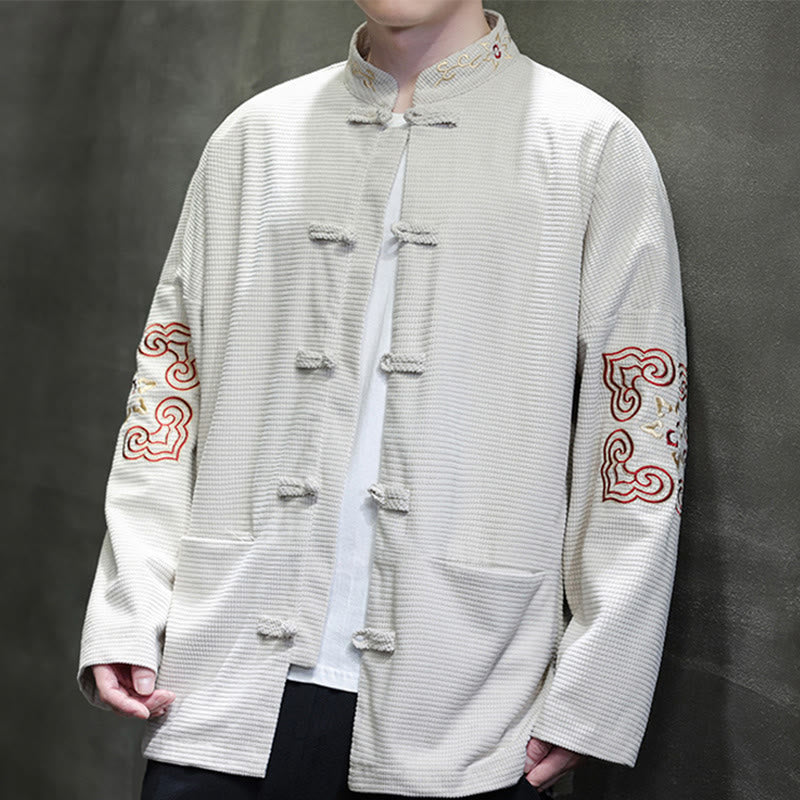 Buddha Stones Men's Frog-Button Tang Suit Corduroy Cotton Embroidery Long Jacket Shirt With Pockets - image 2
