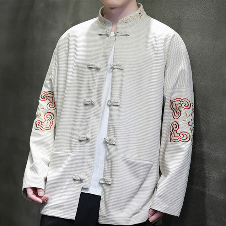 Buddha Stones Men's Frog-Button Tang Suit Corduroy Cotton Embroidery Long Jacket Shirt With Pockets - image 2