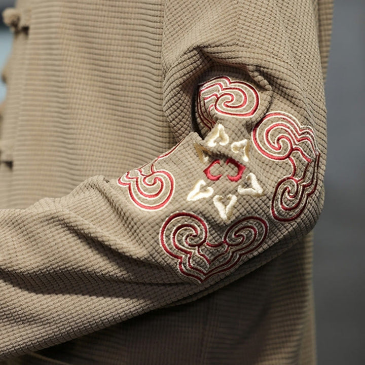 Buddha Stones Men's Frog-Button Tang Suit Corduroy Cotton Embroidery Long Jacket Shirt With Pockets - image 12