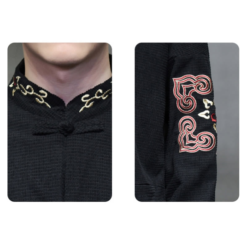 Buddha Stones Men's Frog-Button Tang Suit Corduroy Cotton Embroidery Long Jacket Shirt With Pockets - image 9