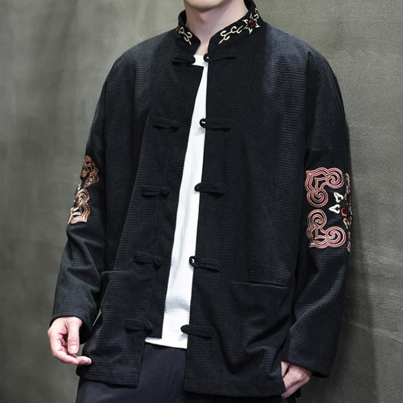 Buddha Stones Men's Frog-Button Tang Suit Corduroy Cotton Embroidery Long Jacket Shirt With Pockets - image 8