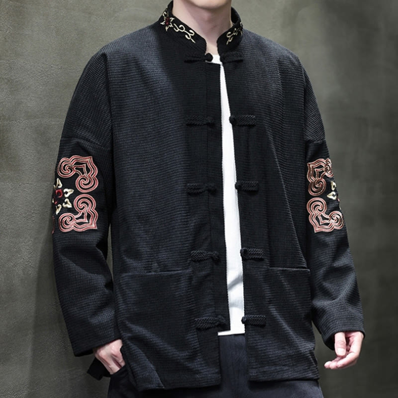 Buddha Stones Men's Frog-Button Tang Suit Corduroy Cotton Embroidery Long Jacket Shirt With Pockets - image 7