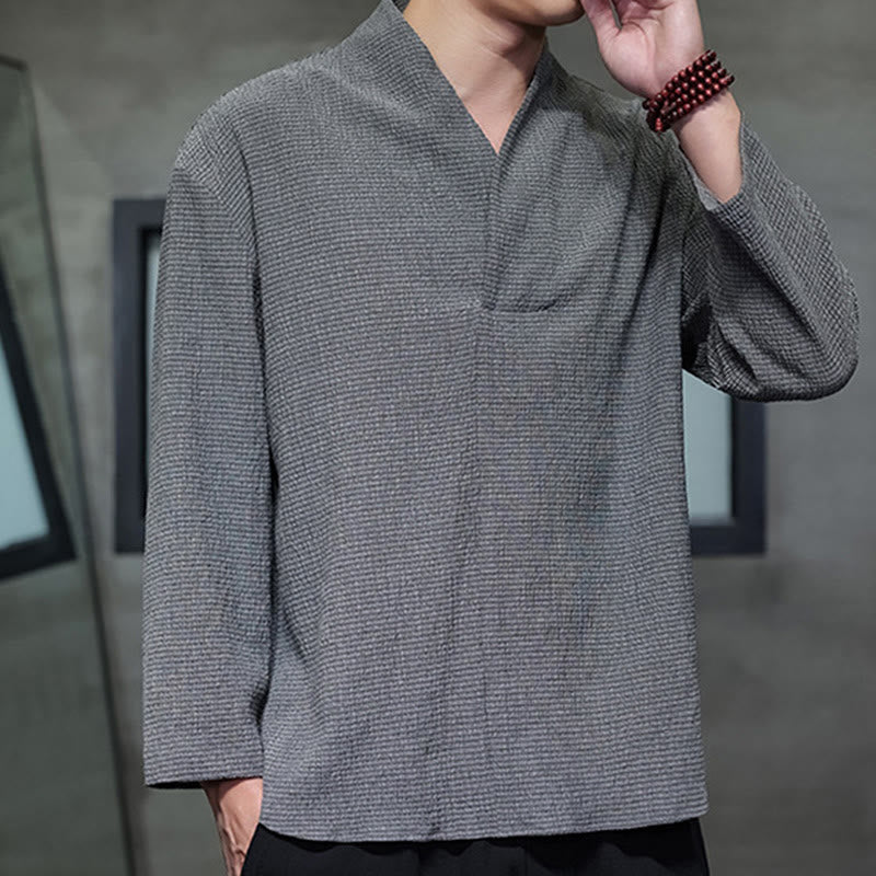 Buddha Stones Simple V-Neck Long Sleeve T-Shirt Men Clothing - image 22