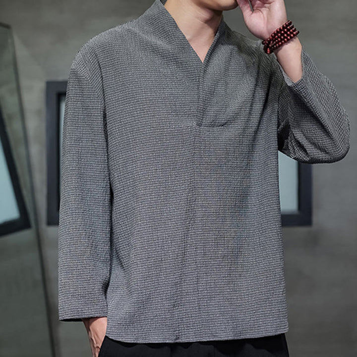 Buddha Stones Simple V-Neck Long Sleeve T-Shirt Men Clothing - image 22