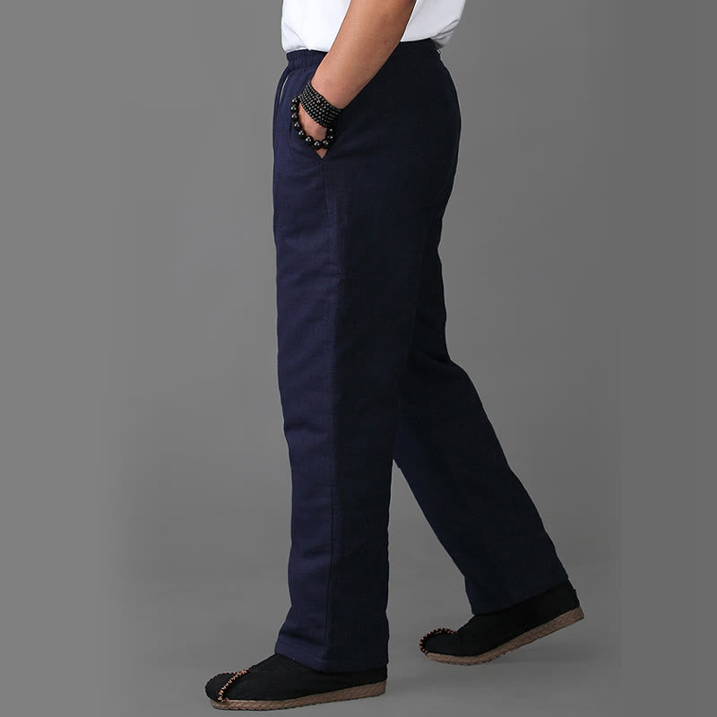 Buddha Stones Winter Men's Fleece Lined Drawstring Linen Pants With Pockets - image 3