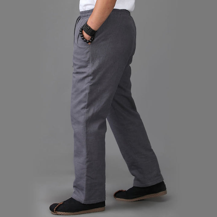 Buddha Stones Winter Men's Fleece Lined Drawstring Linen Pants With Pockets - image 13