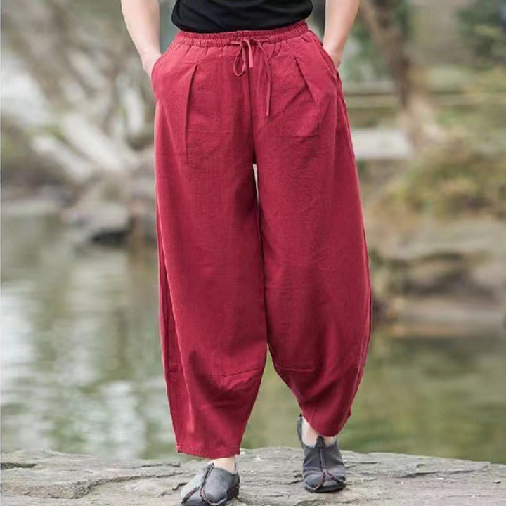 Buddha Stones Casual Simple Drawstring Men's Cotton Harem Pants With Pockets - IndianRed - US/UK/AU46，EU56 (5XL) - image 12
