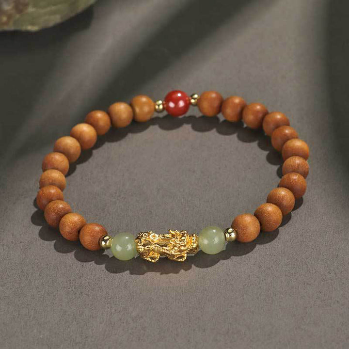 Buddha Stones 999 Sterling Silver Sandalwood Ebony Wood Small Leaf Red Sandalwood Hetian Jade Cinnabar PiXiu Wealth Bracelet - image 1