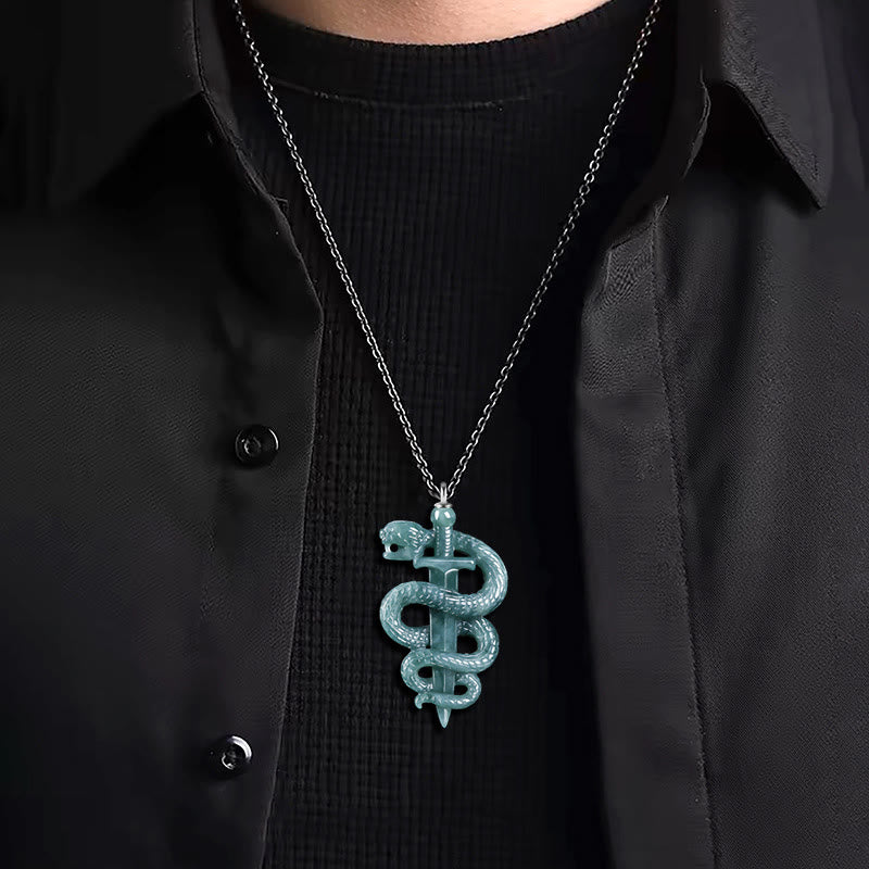 Buddha Stones 925 Sterling Silver Natural Jade Year Of The Snake Sword Luck Necklace Pendant - image 4