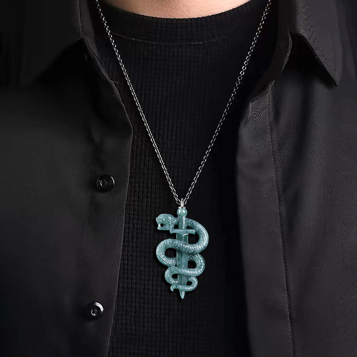 Buddha Stones 925 Sterling Silver Natural Jade Year Of The Snake Sword Luck Necklace Pendant - image 4