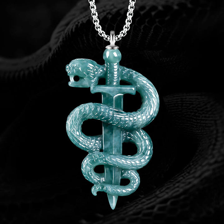 Buddha Stones 925 Sterling Silver Natural Jade Year Of The Snake Sword Luck Necklace Pendant - image 0