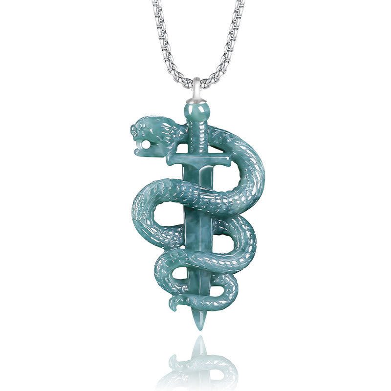 Buddha Stones 925 Sterling Silver Natural Jade Year Of The Snake Sword Luck Necklace Pendant - Snake Sword - image 1