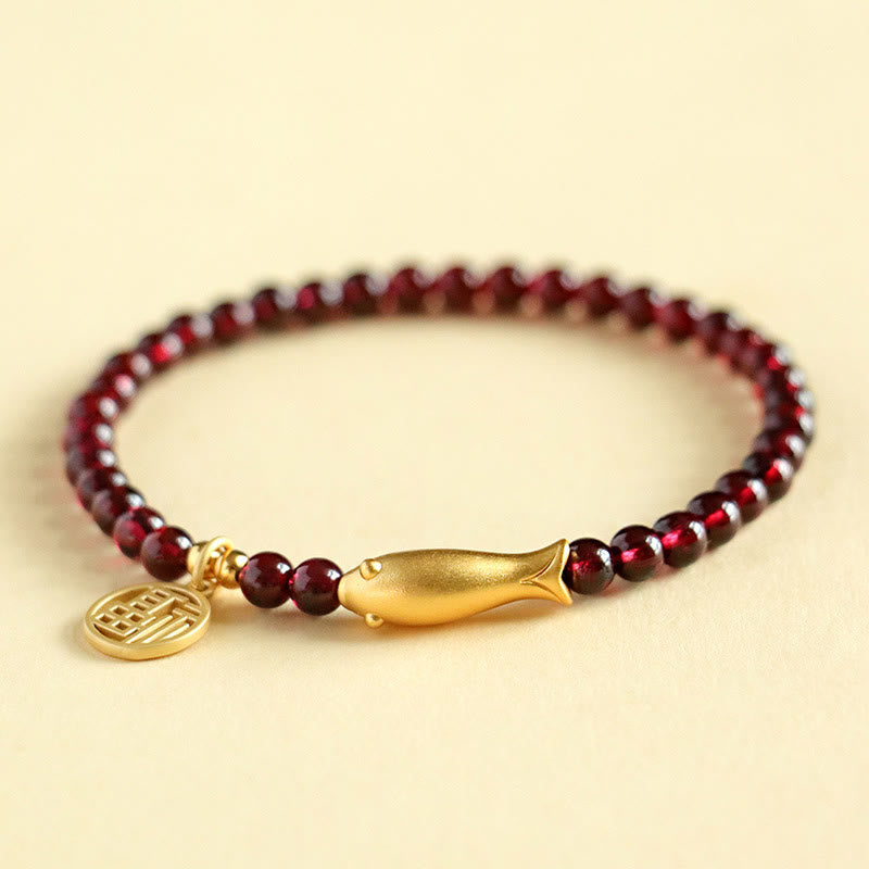 Buddha Stones Garnet 925 Sterling Silver Fish Fu Character Purification Bracelet - Garnet 925 Sterling Silver Gold Fish(Wrist Circumference: 14-16cm) - image 0