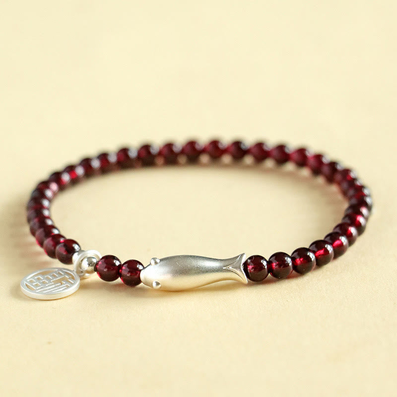 Buddha Stones Garnet 925 Sterling Silver Fish Fu Character Purification Bracelet - Garnet 925 Sterling Silver Silver Fish(Wrist Circumference: 14-16cm) - image 8