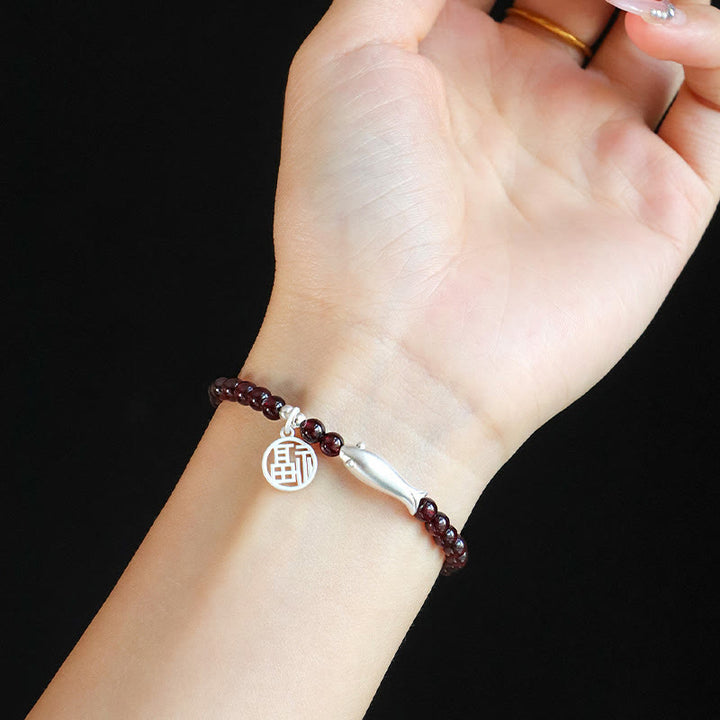 Buddha Stones Garnet 925 Sterling Silver Fish Fu Character Purification Bracelet - image 12