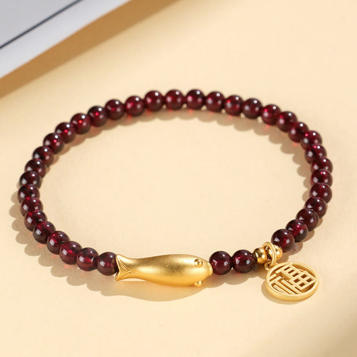 Buddha Stones Garnet 925 Sterling Silver Fish Fu Character Purification Bracelet - image 2