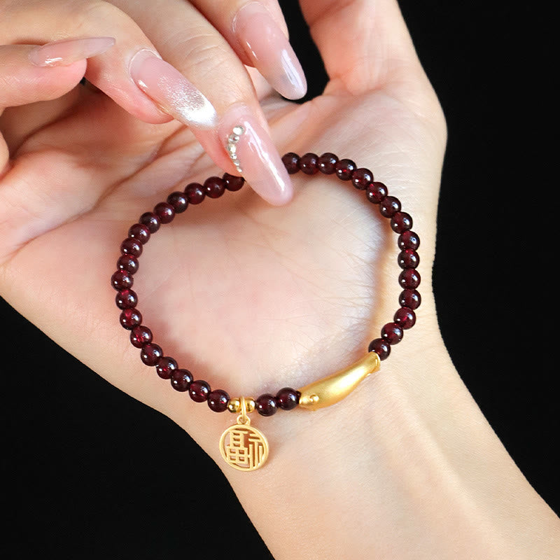 Buddha Stones Garnet 925 Sterling Silver Fish Fu Character Purification Bracelet - image 6