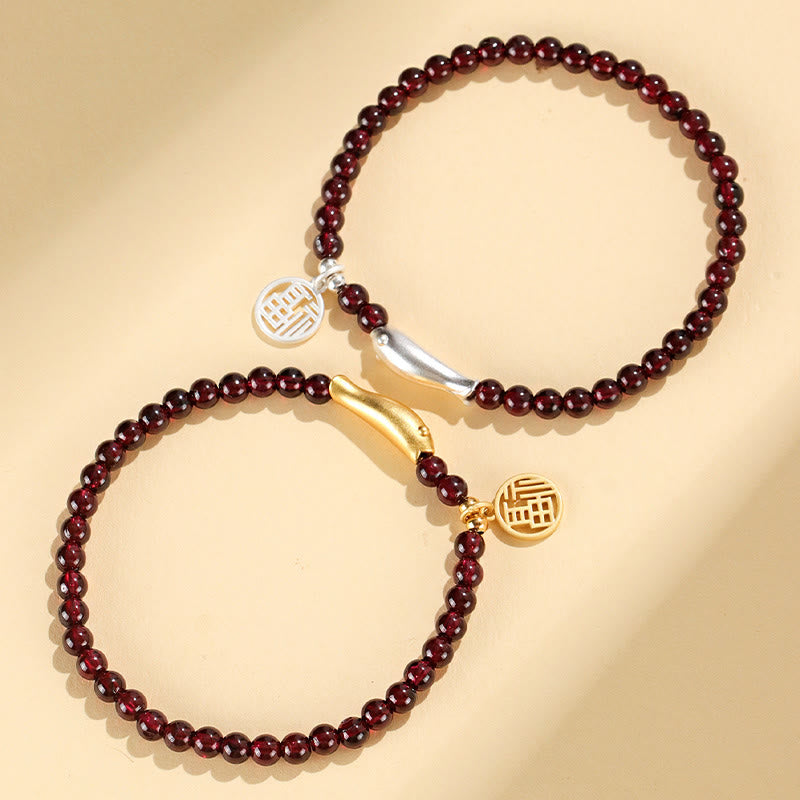 Buddha Stones Garnet 925 Sterling Silver Fish Fu Character Purification Bracelet - image 1