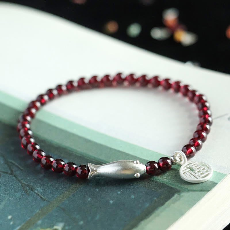Buddha Stones Garnet 925 Sterling Silver Fish Fu Character Purification Bracelet - image 11