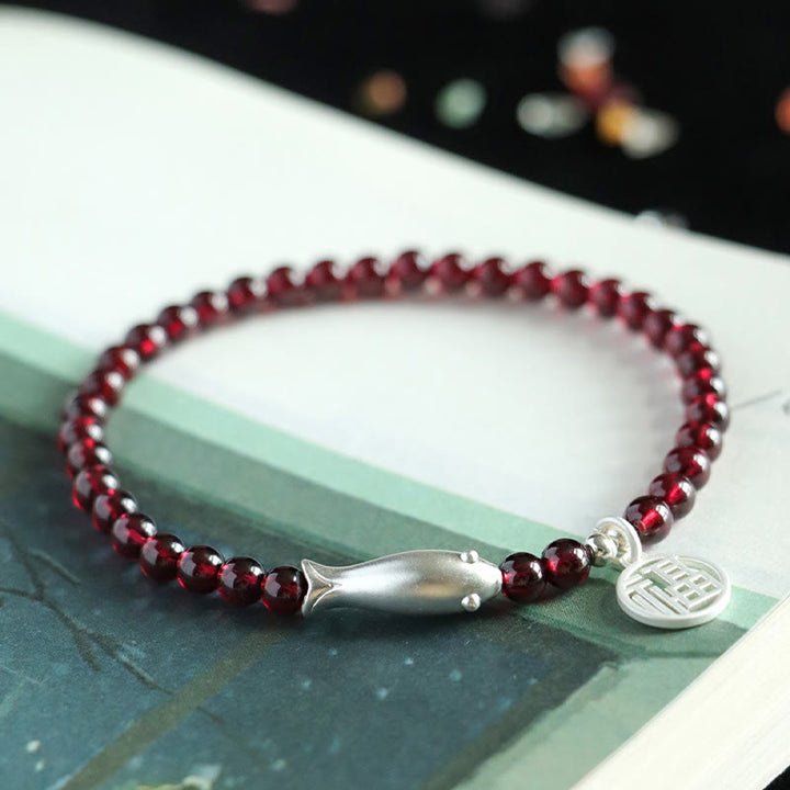 Buddha Stones Garnet 925 Sterling Silver Fish Fu Character Purification Bracelet - image 11