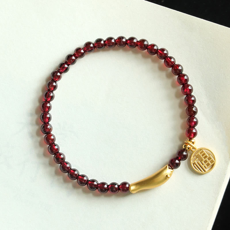 Buddha Stones Garnet 925 Sterling Silver Fish Fu Character Purification Bracelet - image 3