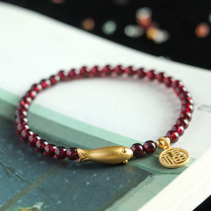 Buddha Stones Garnet 925 Sterling Silver Fish Fu Character Purification Bracelet - image 4