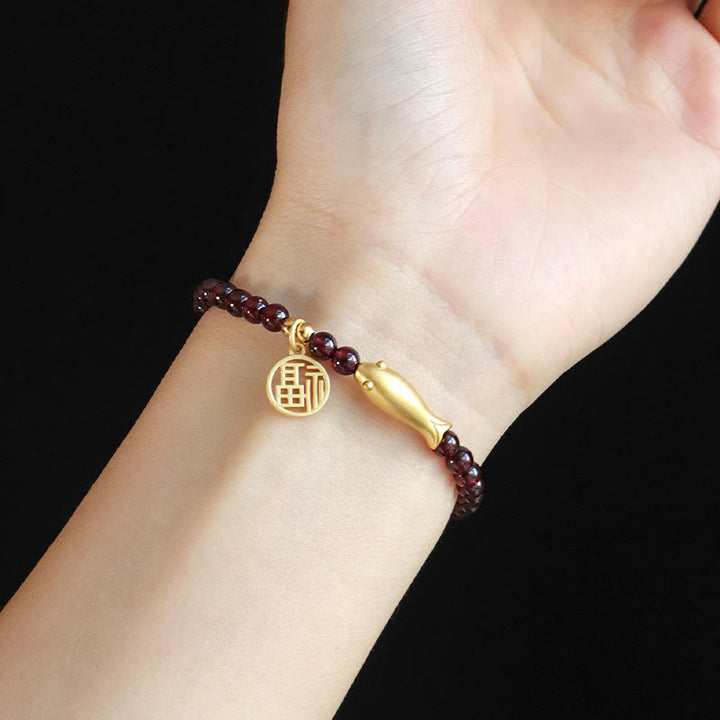 Buddha Stones Garnet 925 Sterling Silver Fish Fu Character Purification Bracelet - image 7