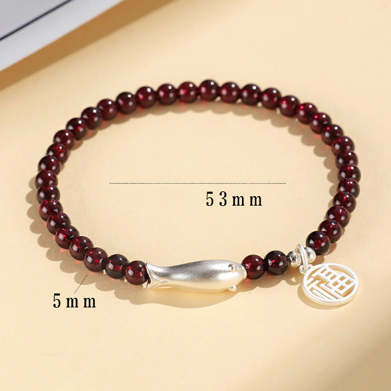 Buddha Stones Garnet 925 Sterling Silver Fish Fu Character Purification Bracelet - image 9