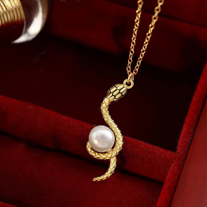 Buddha Stones 925 Sterling Silver Snake Around Pearl Year Of The Snake Blessing Necklace Pendant - Snake Pearl 14k Gold Plated - image 6
