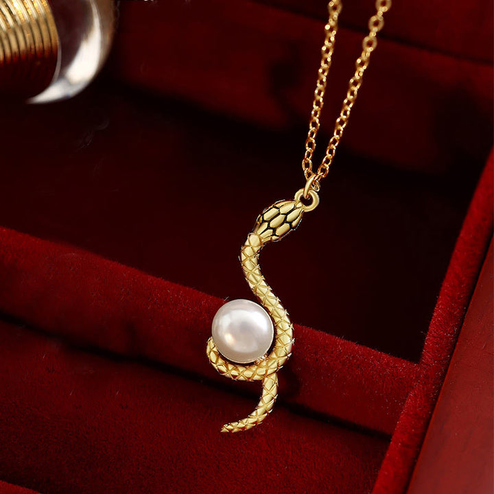 Buddha Stones 925 Sterling Silver Snake Around Pearl Year Of The Snake Blessing Necklace Pendant - Snake Pearl 14k Gold Plated - image 6