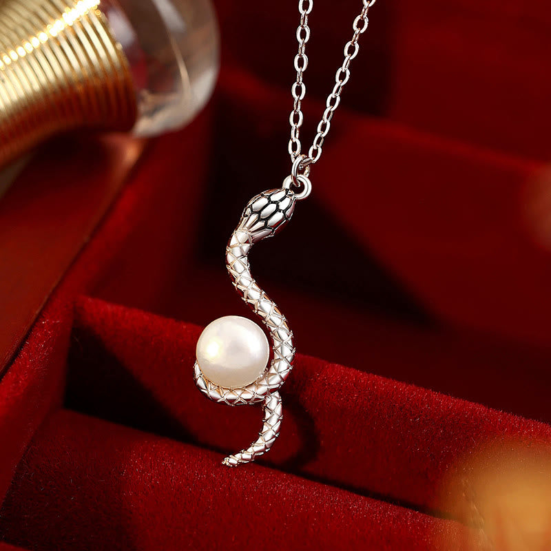 Buddha Stones 925 Sterling Silver Snake Around Pearl Year Of The Snake Blessing Necklace Pendant - Snake Pearl White Gold - image 0