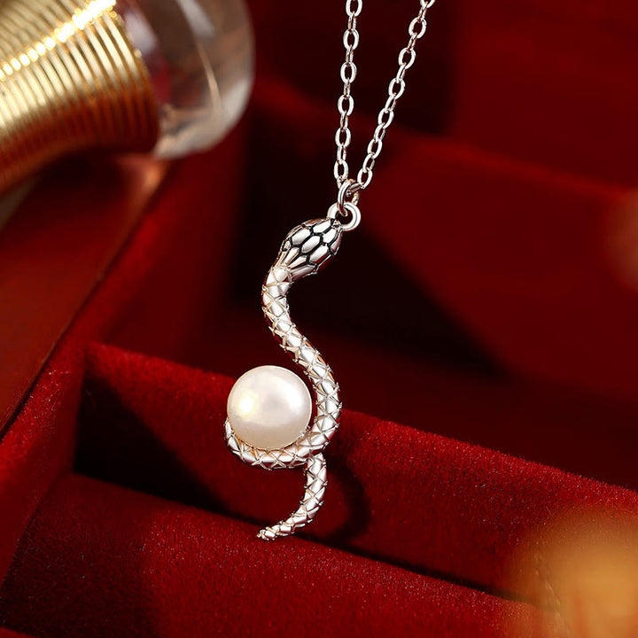 Buddha Stones 925 Sterling Silver Snake Around Pearl Year Of The Snake Blessing Necklace Pendant - Snake Pearl White Gold - image 0