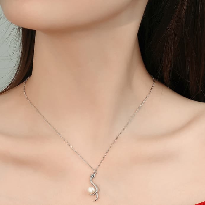 Buddha Stones 925 Sterling Silver Snake Around Pearl Year Of The Snake Blessing Necklace Pendant - image 2