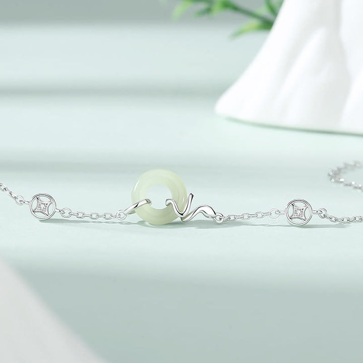 Buddha Stones 925 Sterling Silver Hetian Jade Peace Buckle Year Of The Snake Luck Bracelet - image 2