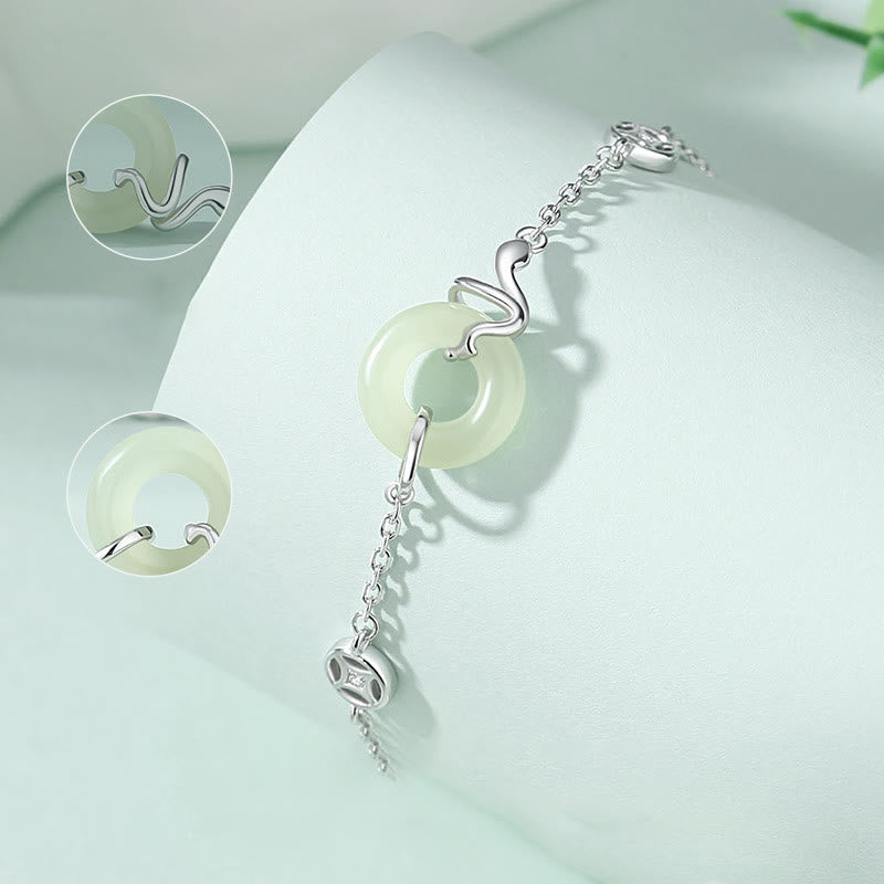 Buddha Stones 925 Sterling Silver Hetian Jade Peace Buckle Year Of The Snake Luck Bracelet - image 3