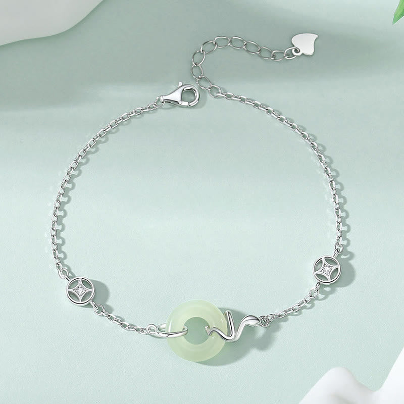 Buddha Stones 925 Sterling Silver Hetian Jade Peace Buckle Year Of The Snake Luck Bracelet - image 1