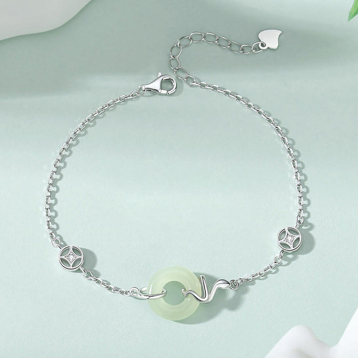 Buddha Stones 925 Sterling Silver Hetian Jade Peace Buckle Year Of The Snake Luck Bracelet - image 1