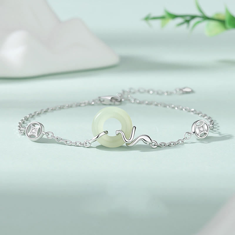 Buddha Stones 925 Sterling Silver Hetian Jade Peace Buckle Year Of The Snake Luck Bracelet - Snake Peace Buckle(Wrist Circumference:14-17cm) - image 0