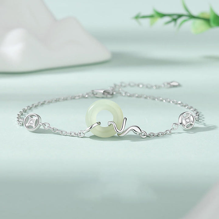 Buddha Stones 925 Sterling Silver Hetian Jade Peace Buckle Year Of The Snake Luck Bracelet - Snake Peace Buckle(Wrist Circumference:14-17cm) - image 0