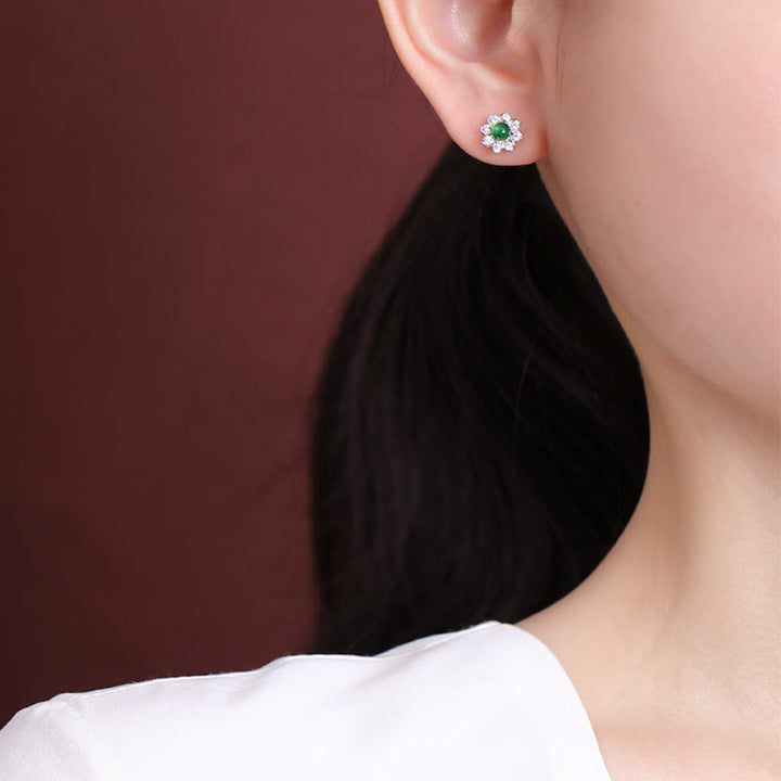 Buddha Stones 925 Sterling Silver Round Jade Flower Prosperity Earrings - image 7