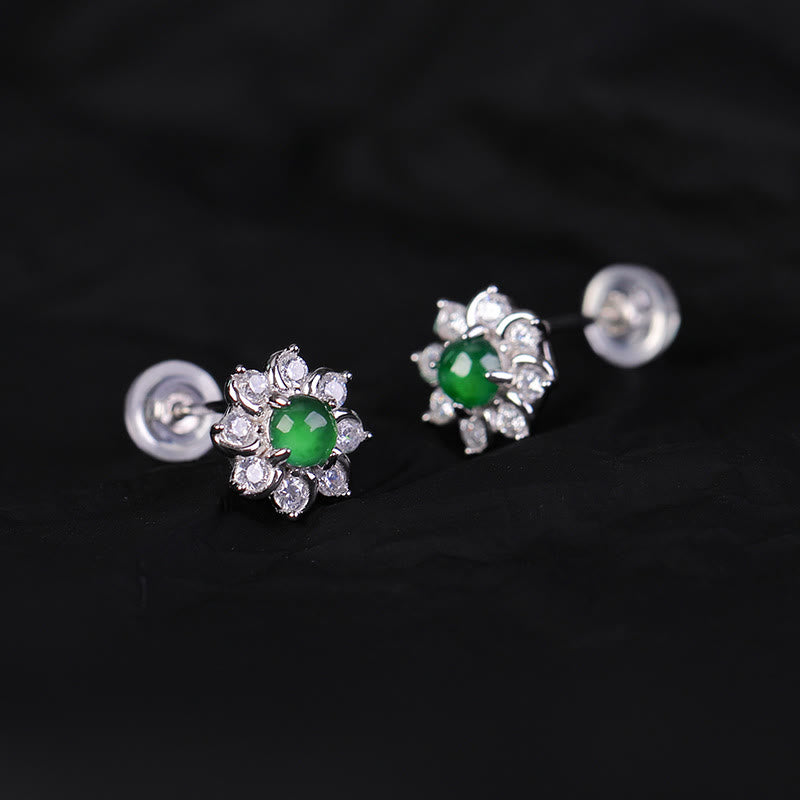 Buddha Stones 925 Sterling Silver Round Jade Flower Prosperity Earrings - image 1