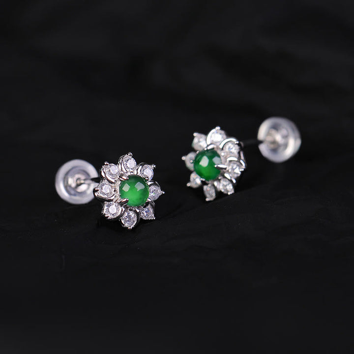 Buddha Stones 925 Sterling Silver Round Jade Flower Prosperity Earrings - image 1