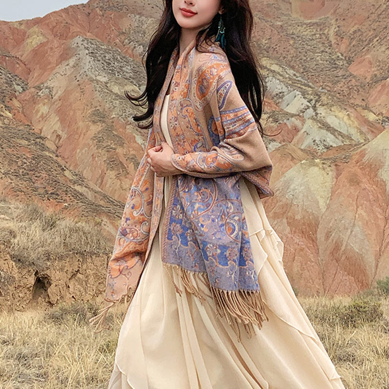 Buddha Stones Tibetan Cashew Flower Tassel Shawl Fall Winter Cozy Travel Scarf Wrap - Khaki - 180*65cm - image 30