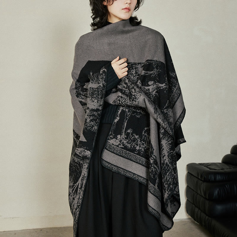 Buddha Stones Black Gray Sika Deer Animal Forest Double-sided Shawl Fall Winter Warm Scarf Wrap - image 1